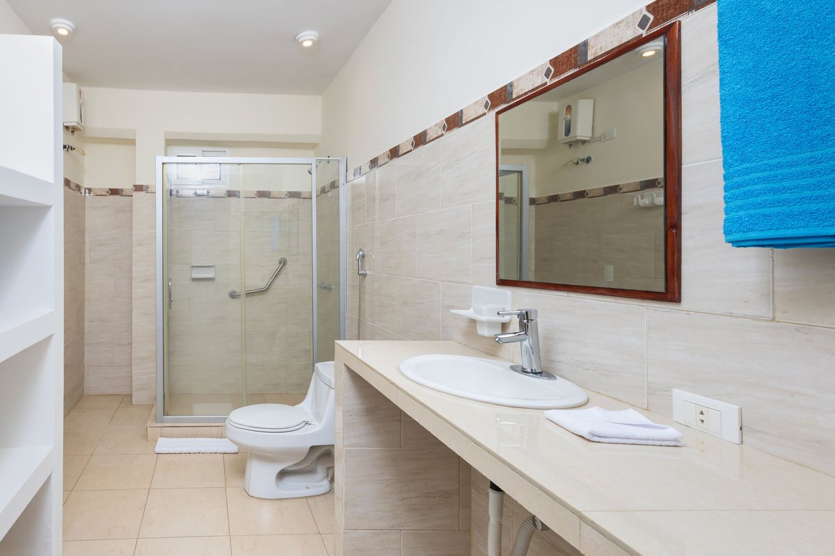 Private bathroom with shower, washbasin and mirror